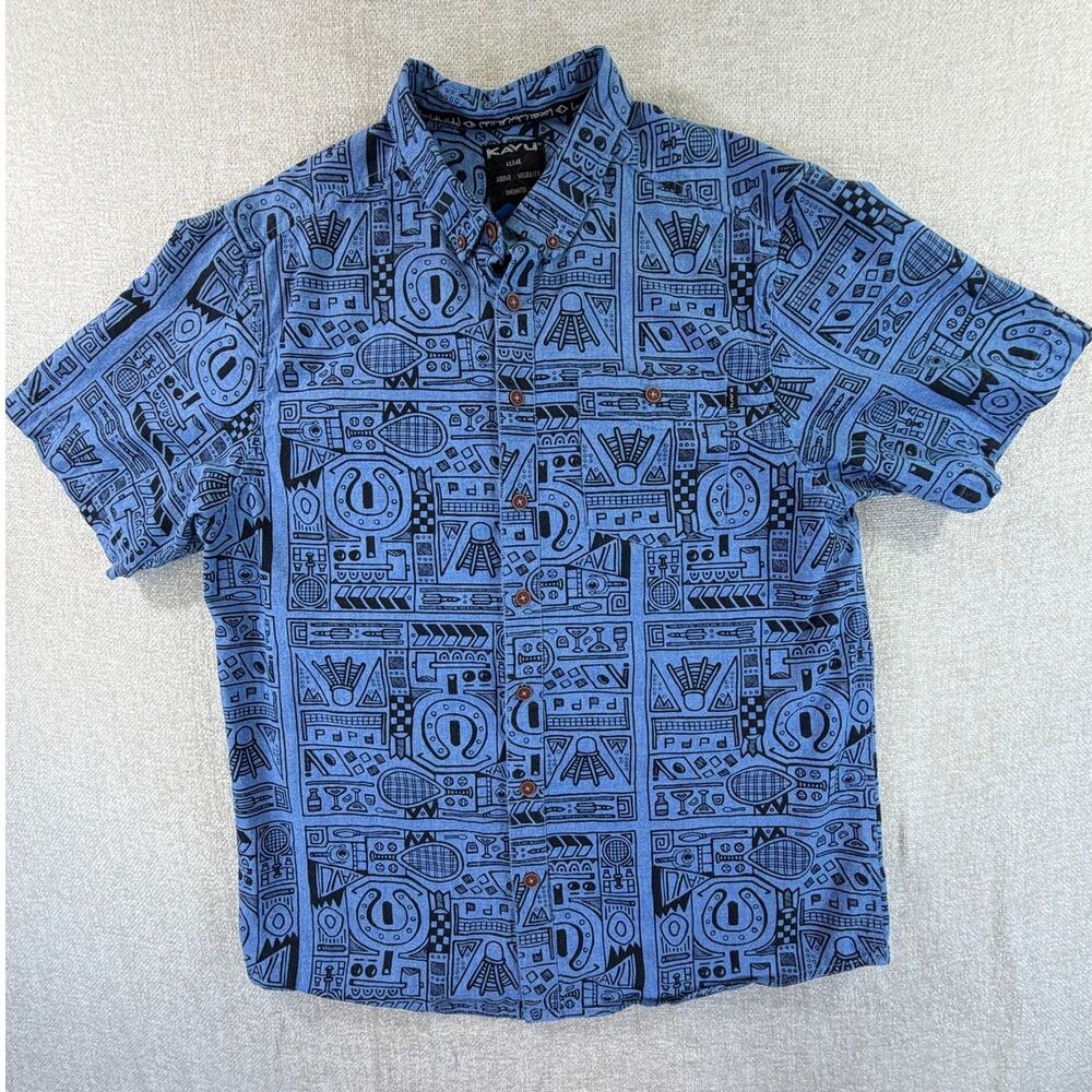KAVU Mens XL Blue Juan Sports Print Short Sleeve Button Front Shirt Outdoor Wear